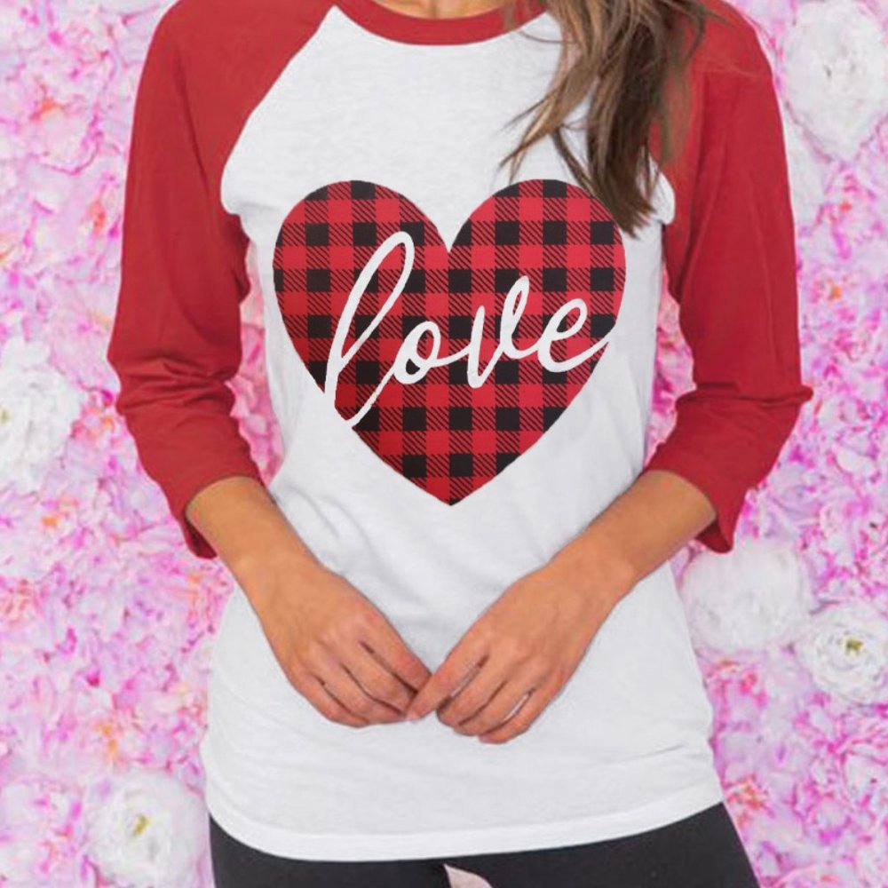 Valentine Buffalo Plaid Love Heart Raglan Shirt